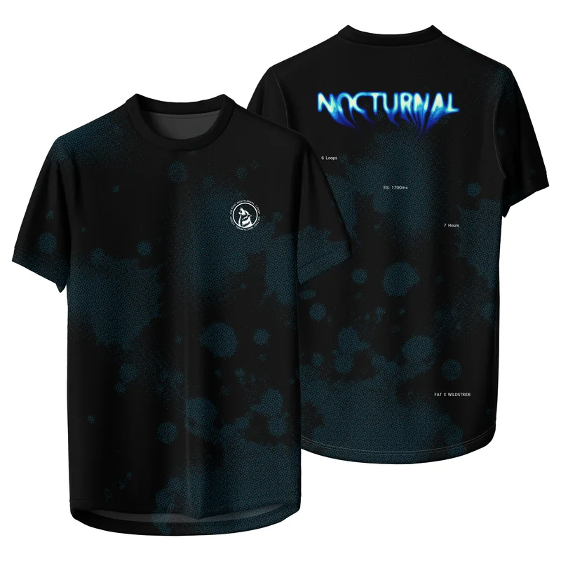 Jersey Cetho Nocturnal Loop hitam bermotif biru, tampak depan dan belakang dengan tulisan NOCTURNAL