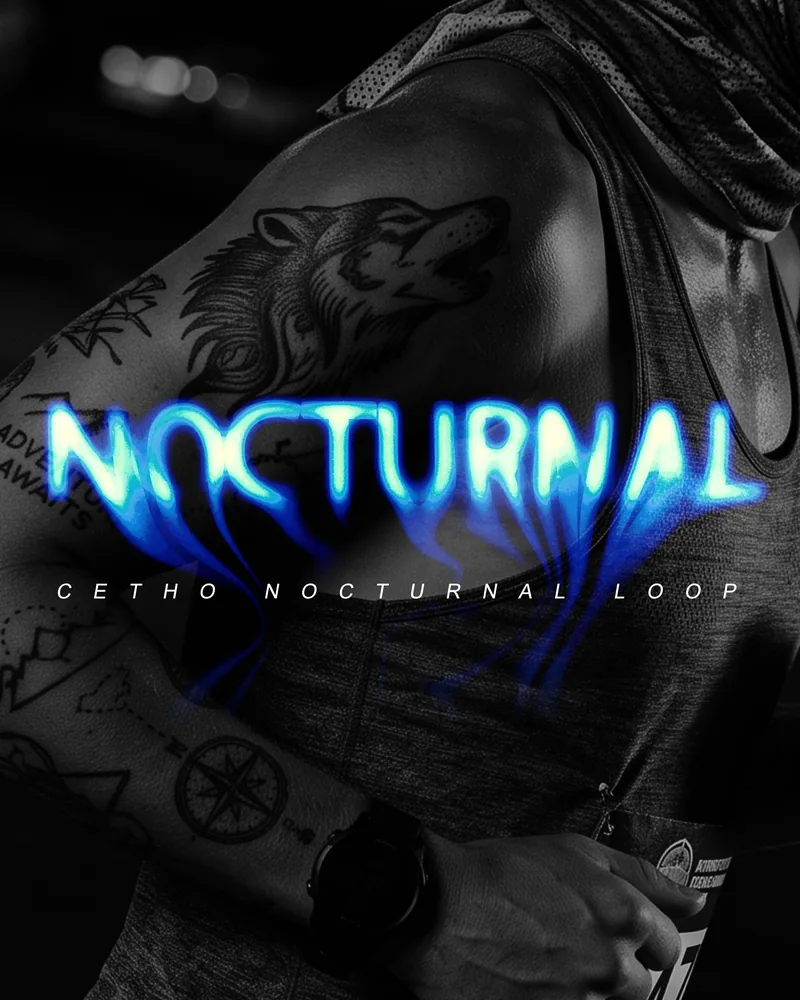 Tulisan NOCTURNAL biru menyala di atas foto pelari bertato serigala, key visual resmi Cetho Nocturnal Loop