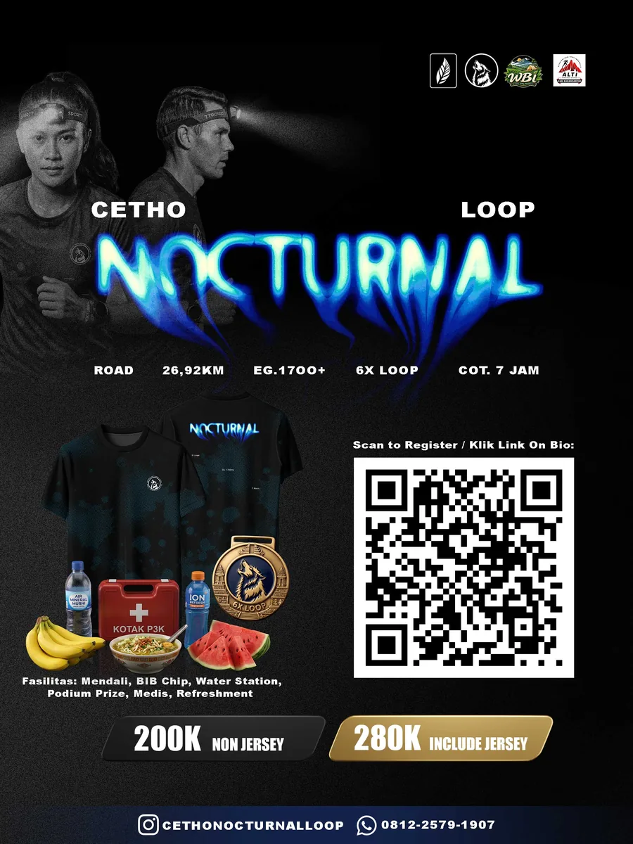 Poster resmi Cetho Nocturnal Loop: road 26,92 km, 6 loop, COT 7 jam, jersey, medali, dan dua pilihan tiket
