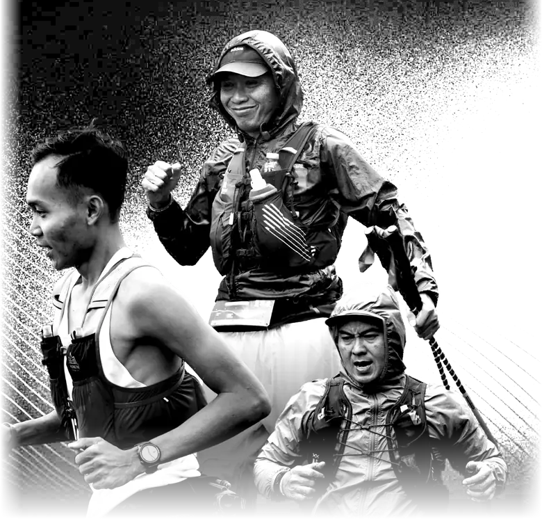 Tiga pelari Forest Adventure Trail dalam foto hitam putih berkontras tinggi, diambil dari poster resmi penyelenggara