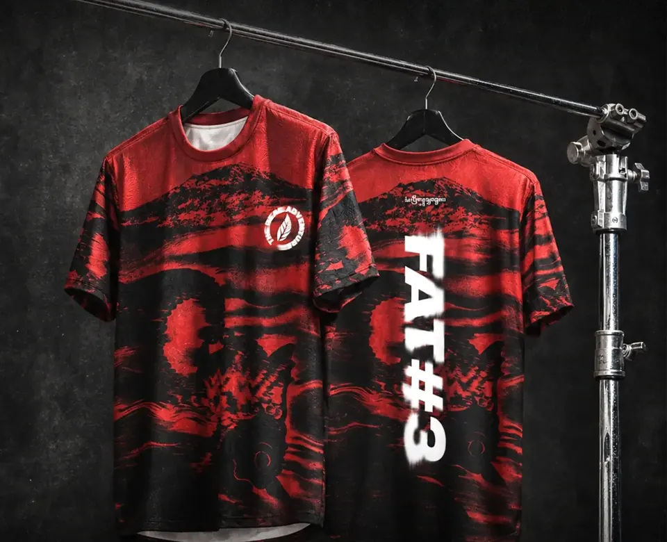 Jersey resmi Forest Adventure Trail #3 tampak depan dan belakang, motif merah hitam dengan tulisan FAT#3 di punggung
